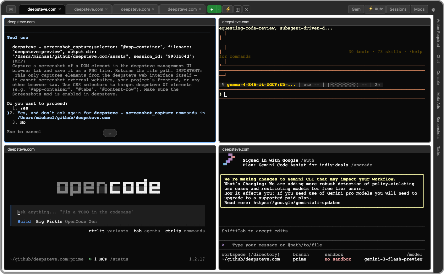 DeepSteve overview mode showing multiple Claude Code agent tabs running side by side